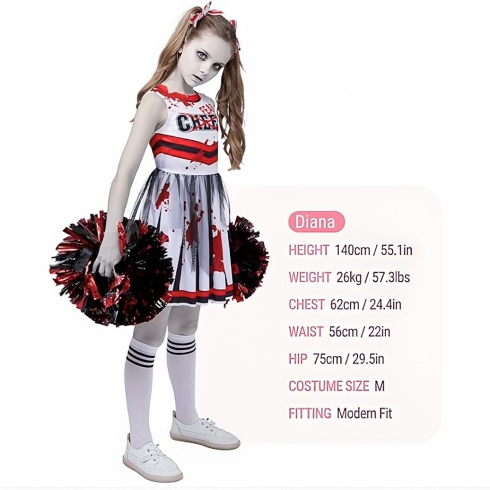NWT Halloween Zombie Cheerleader Costume Girls Dress Red White Kids Outfit - Picture 4 of 7